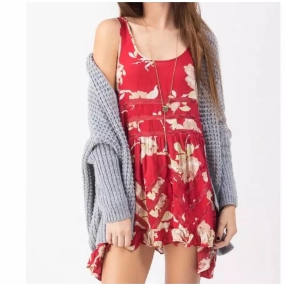 Free People Red Floral Voile Lace Trapeze Dress XS